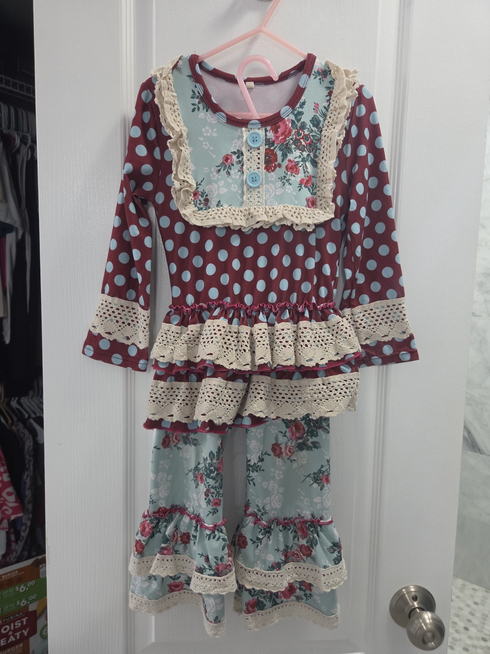 Girls' Floral & Polka Dot Ruffle Set - Burgundy & Light Blue